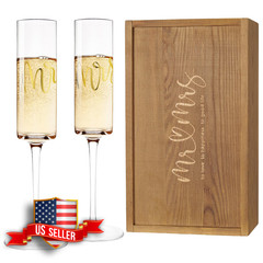 Mr and Mrs Champagne Flutes Set of 2 with Wooden Box