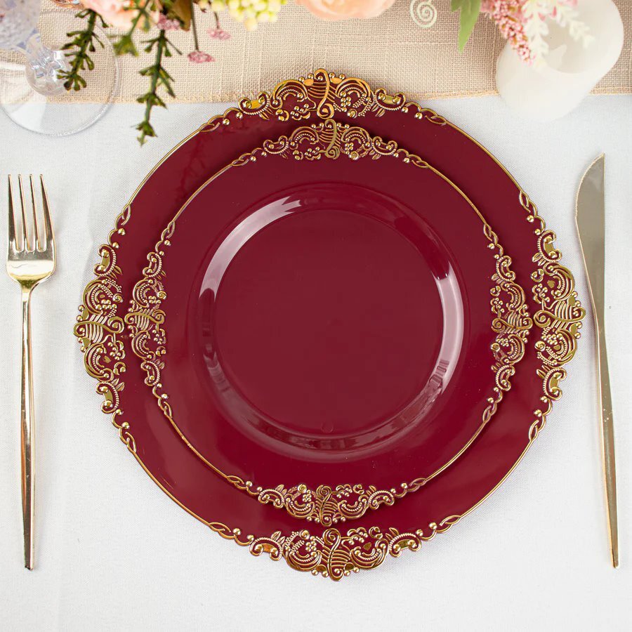 10 BURGUNDY GOLD 8″ Round Plastic Salad Dinner PLATES Embossed Baroque Rim Party