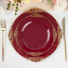 10 BURGUNDY GOLD 8″ Round Plastic Salad Dinner PLATES Embossed Baroque Rim Party