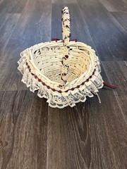 White Flower Girl Heart Shaped Woven Basket Lace Roses Beaded Ribbon Cottagecore