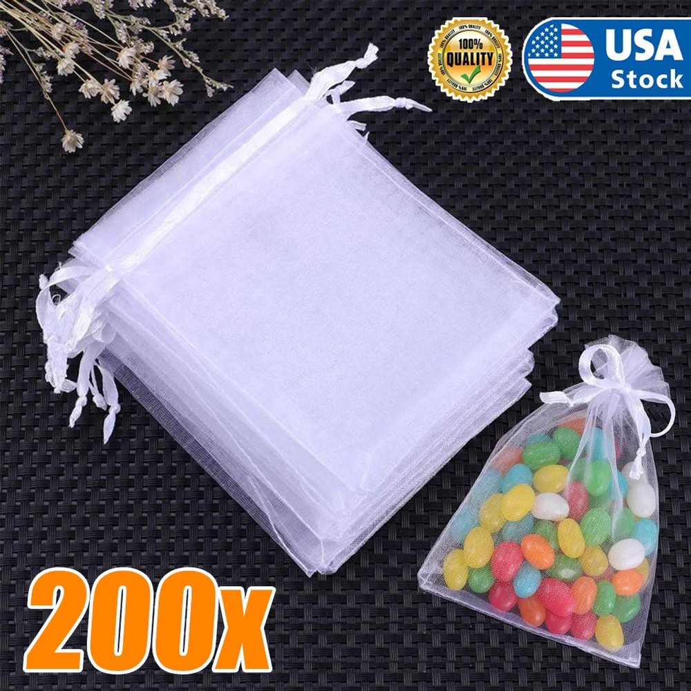200 PACK Premium Sheer Organza Bags, White Wedding Favor Bags, Jewelry Gift Bags