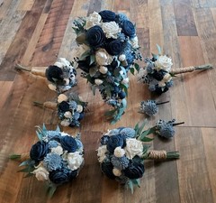 Navy Dusty Blue White Bridal Bouquet Sola Wood Eucalyptus Cascade Bridesmaid