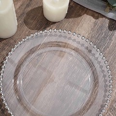 CLEAR SILVER 10 Round 8″ Plastic Salad PLATES Beaded Rim Party Events
