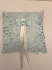 Wedding Ring Bearer Pillow Mint green Charmeuse Lace Satin Bow Ribbon 8″ x 8″