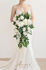 Elegant Ivory White Silk Bridal Bouquet 15″ Cascading Roses Hydrangeas Keepsake
