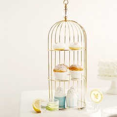 22″ Gold 3 Tier Metal Mirror Glass Hanging Bird Cage Dessert Stand Decorations