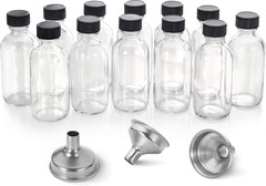 12 Pack 2oz Clear Glass Bottles w Lids & 3 Funnels 60ml Boston Round Travel Jars