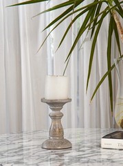 Traditional Gray Wash Eco-friendly Handmade Mango Wood Pillar Candle Holder BBH