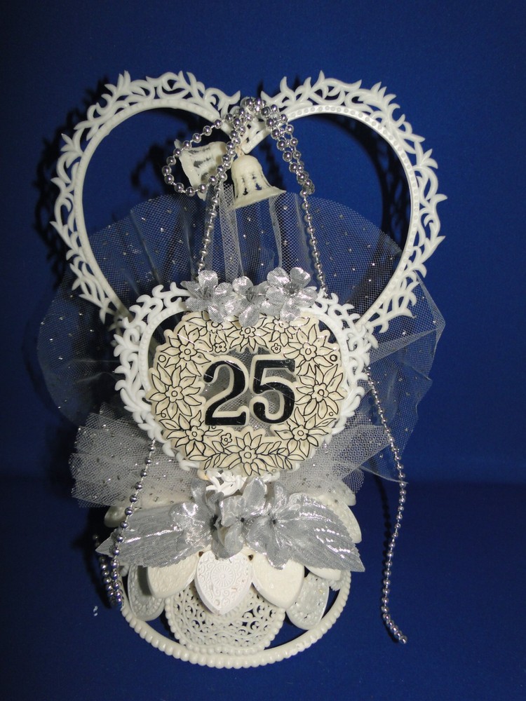 New 25th Wedding Anniversary Double Heart & Bells, silver flowers caketop #46