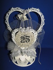 New 25th Wedding Anniversary Double Heart & Bells, silver flowers caketop #46
