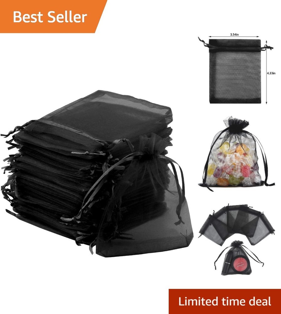 50pcs Black Organza Bags – 3.54» x 4.33» Elegant Satin Drawstring Pouches