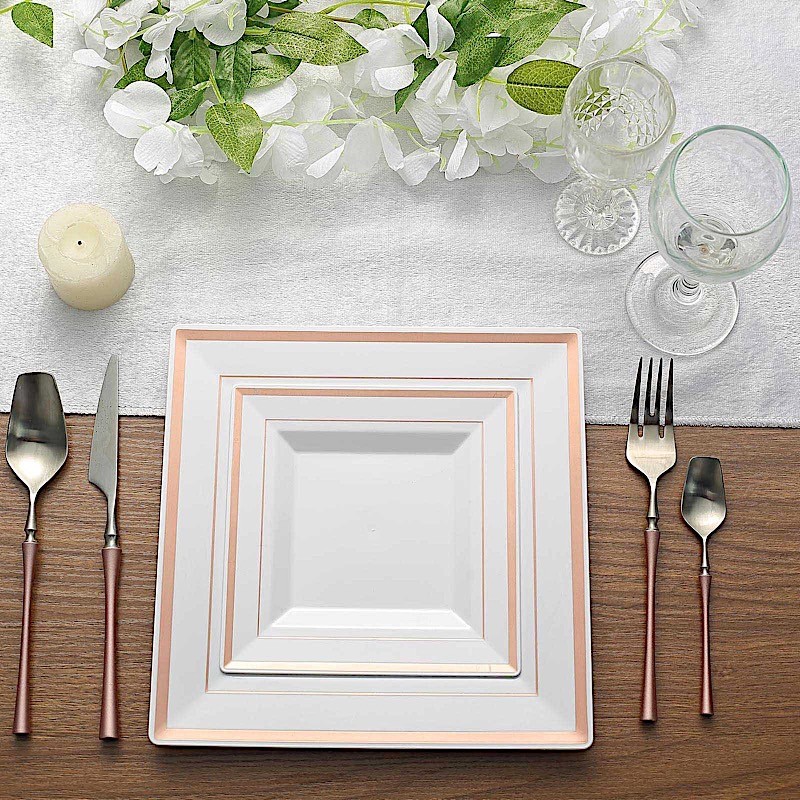 Plastic White 10″ Square Plates Rose Gold Rim Disposable Party Wedding TABLEWARE