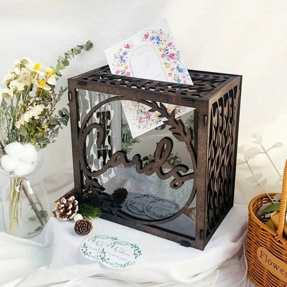New CalmHome Dark Brown Wedding Card Box Rustic Window Gift Holder Reception
