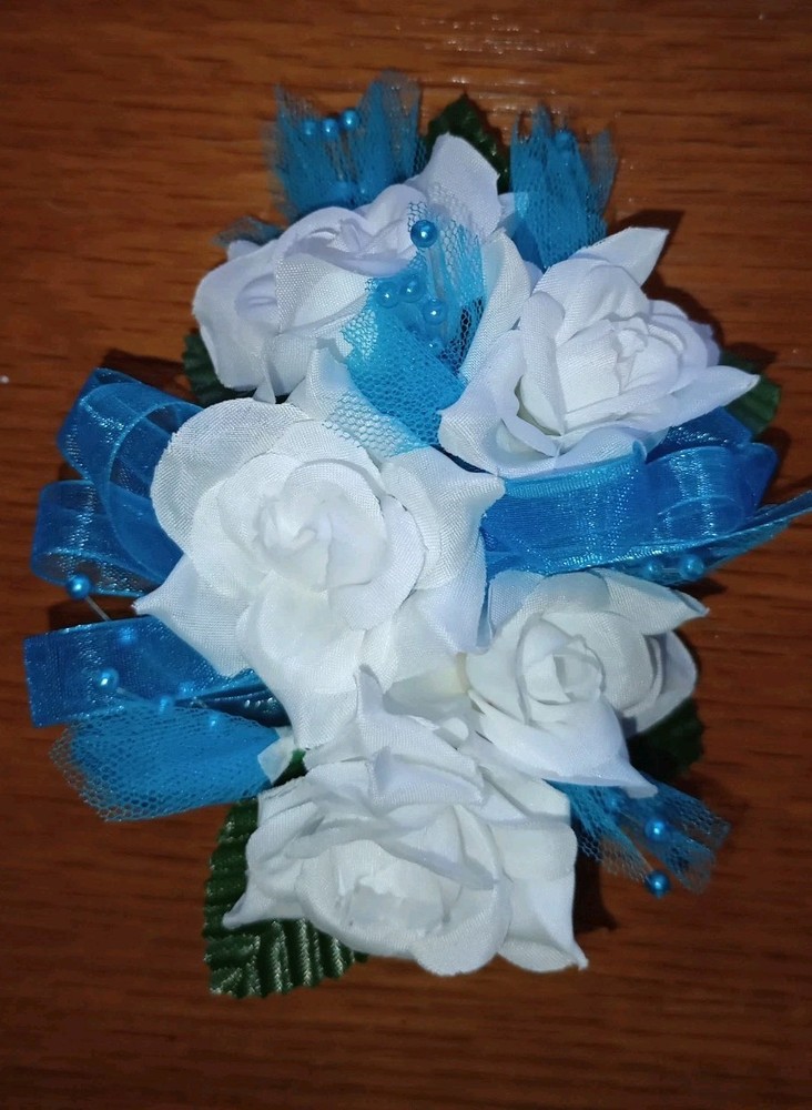 NEW 5″ Artificial White Rose Wrist Corsage Blue Bow, Tulle Tufts W/Pearls, Bout