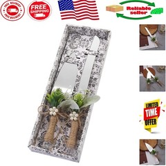 Elegant Silver Serrated Wedding Cake Knife and Serving Shovel with Green Leaf