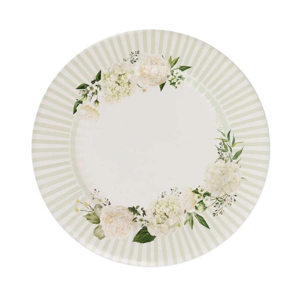 25 White Sage Green Dinner Paper Plates with Floral Lined Rim Decorations