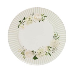 25 White Sage Green Dinner Paper Plates with Floral Lined Rim Decorations