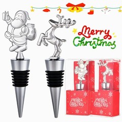 2 Pack Christmas Wine Stopper Alloy Bottle Stoppers Santa + Elk, Silver