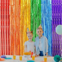 2 Pack Rainbow Foil Fringe Curtains, 3.3×6.6 Ft Metallic Tinsel Backdrop Part…