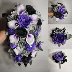 Purple Silver Black Rose Calla Lily Real Touch Bridal Wedding Bouquet Accessorie