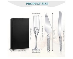 4 Piece Champagne Flutes and Cake Knife Server Set, Bride and Groom Toasting …
