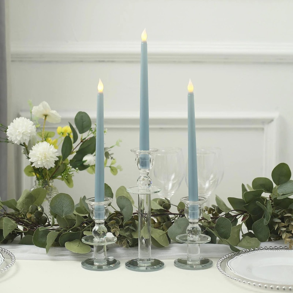 3 DUSTY BLUE 11″ tall LED Flameless Taper Candles Lights Home Wedding