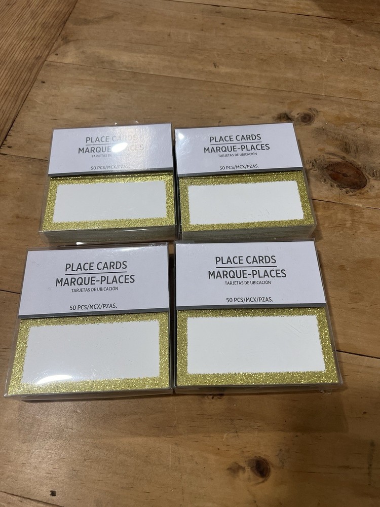 4- 50 Ct Place Cards White Gold Glitter Trim New Wedding Birthday Anniversary