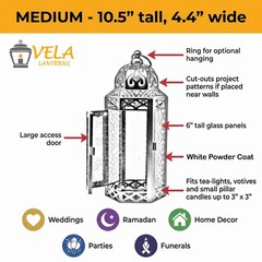 VELA LANTERNS White Moroccan Candle Lantern Decorative Medium, White/Clear