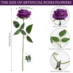 48 PCS Deep Purple Roses Artificial Flowers – Fake Silk Floral with Dark Purple
