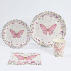 96 WHITE PINK Butterfly Print Disposable TABLEWARE Set Party Events Decorations