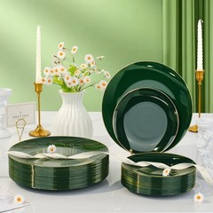 3Pieces Gold Plastic Dinnerware Set, Gold Disposable Plates for Party, 50 Green