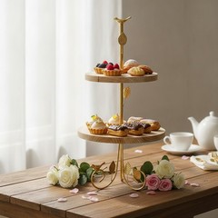 Double-Level Dessert Stand Decorative Dessert Stand Featuring Wooden Shelves
