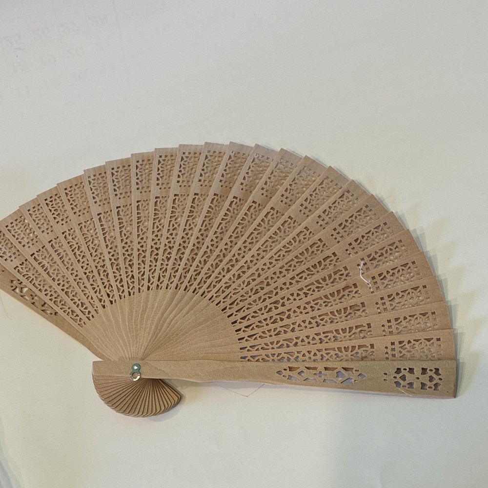 Beige Wood Folding Hand Fan Floral Lace Cutout w/ White Organza Bag Wedding
