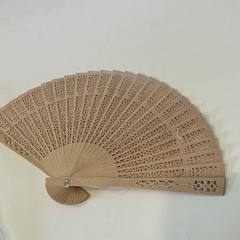 Beige Wood Folding Hand Fan Floral Lace Cutout w/ White Organza Bag Wedding