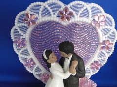 New Medium Dark skin Bride & Groom Wedding CakeTop, pink decor & heart, #334