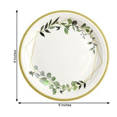 24 White 9″ Round Paper Plates Eucalyptus Geometric Gold Rim Design Party Events