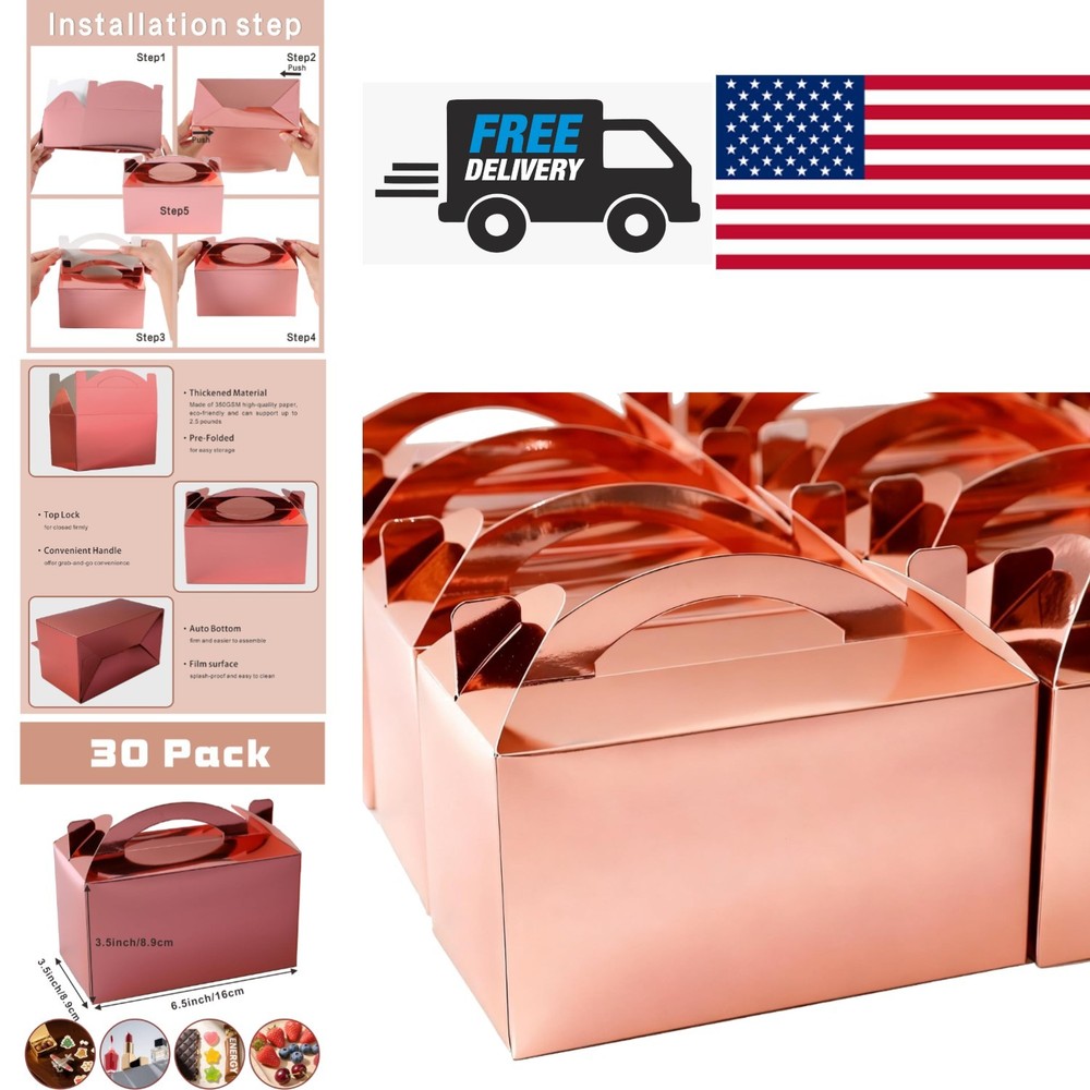 Biodegradable Rose Gold Gable Treat Boxes 30 Pack Eco Friendly Gift Packaging