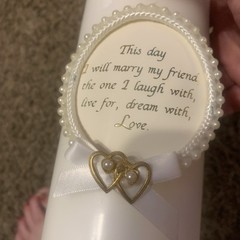 Pre-O White unity pillar candle “ This Day I Will Marry My Friend “/wedding/Rom