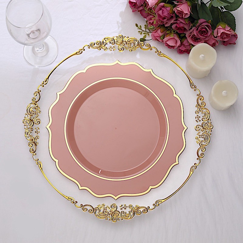 30 DUSTY ROSE 10.5″ Round Plastic Dinner Plates GOLD Scalloped Rim Events