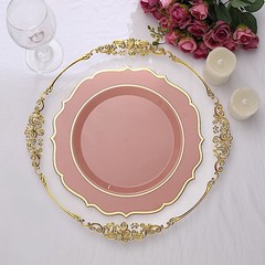 30 DUSTY ROSE 10.5″ Round Plastic Dinner Plates GOLD Scalloped Rim Events
