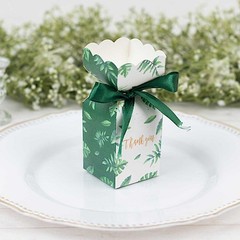 25 WHITE GREEN Leaves Print Gift Favor Boxes with Satin Ribbon Party Events