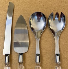 Vtg Clear Facet Lucite Handle Stainless Cake Knife Server Fork & Spoon 4pc Set