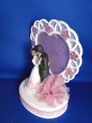 New Medium Dark skin Bride & Groom Wedding CakeTop, pink decor & heart, #334