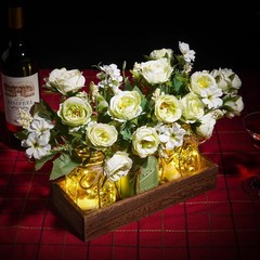 3 Pcs Mason Jar Centerpiece Decor with Wood Tray & LED Lights – Farmhouse Table