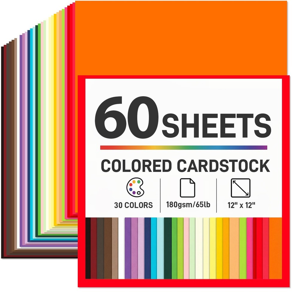 SallyFashion 60 Sheets Colored Cardstock Paper 12×12, Medium, multi
