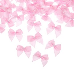 60Pcs Mini Light Pink Ribbon Bow with Pearl 1″ Ribbon Flowers Applique