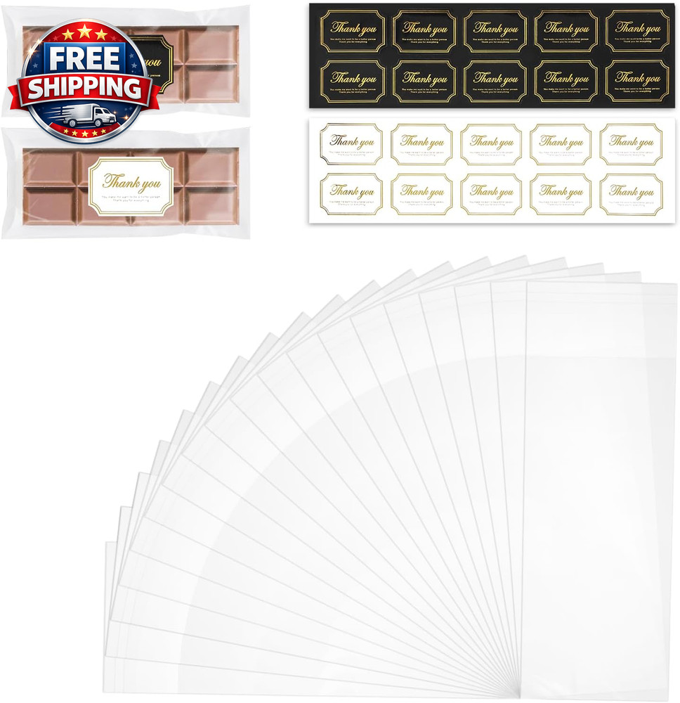 200 Pcs Chocolate Bar Wrappers with 200 Pcs Gold Foil Thank You Stickers – 3.2 X