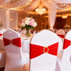 Pack of 50 Spandex Red Chair Sashes with Gold 1 Red Sashes + Gold Buckles