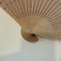 Beige Wood Folding Hand Fan Floral Lace Cutout w/ White Organza Bag Wedding