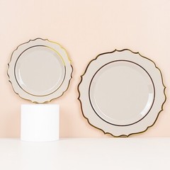 20 TAUPE 8″ Round Plastic Dinner Plates GOLD Scalloped Rim Events Wedding